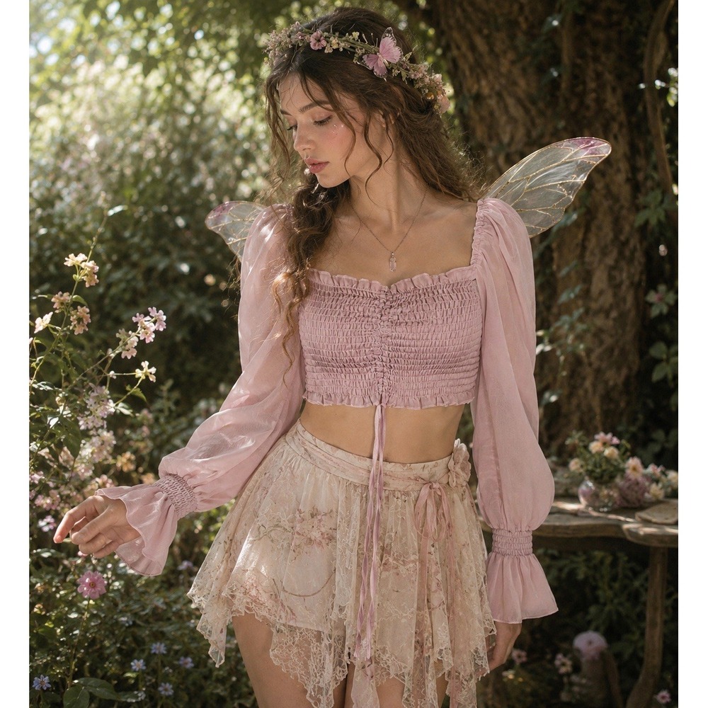 Fairycore Princesscore Pink Smocked Puff/Bell Sleeve Top Ruched Tie Silky Jr M